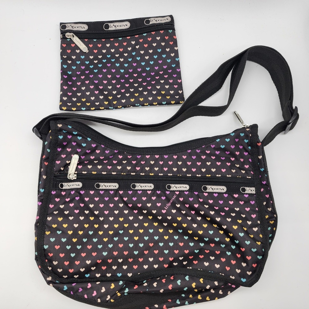 LeSportsac Classic Hobo Crossbody Bag Black Rainbow Hearts w/ Matching Pouch